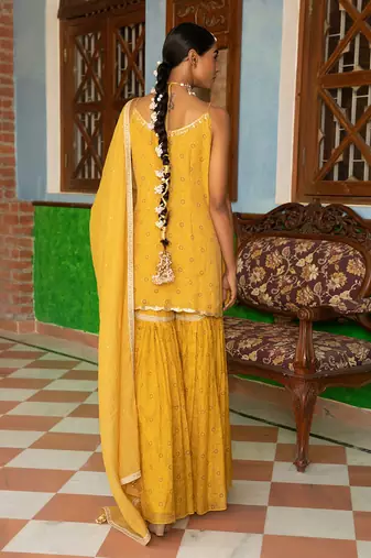 Tissue Chanderi Gota  Hand Embroidered Short Kurta Paired With A Gharara And A Tissue Dupatta