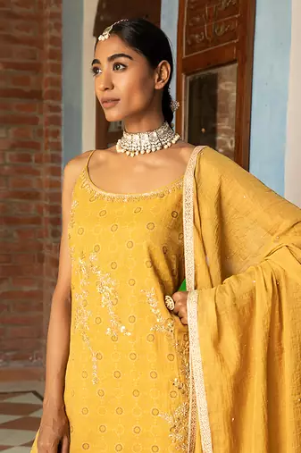 Tissue Chanderi Gota  Hand Embroidered Short Kurta Paired With A Gharara And A Tissue Dupatta