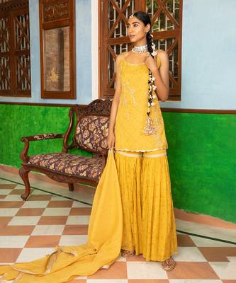 Tissue Chanderi Gota  Hand Embroidered Short Kurta Paired With A Gharara And A Tissue Dupatta 4