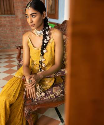 Tissue Chanderi Gota  Hand Embroidered Short Kurta Paired With A Gharara And A Tissue Dupatta 5