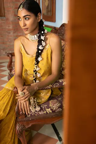 Tissue Chanderi Gota  Hand Embroidered Short Kurta Paired With A Gharara And A Tissue Dupatta
