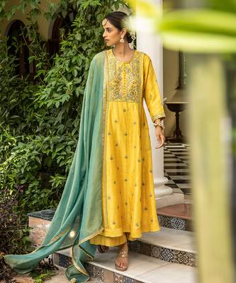 Gota Embroidered A-Line Kurta Paired With A Tissue Palazzo And A Tissue Dupatta 1