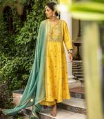 Gota Embroidered A-Line Kurta Paired With A Tissue Palazzo And A Tissue Dupatta