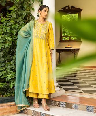 Gota Embroidered A-Line Kurta Paired With A Tissue Palazzo And A Tissue Dupatta 2