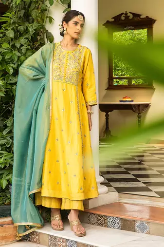 Gota Embroidered A-Line Kurta Paired With A Tissue Palazzo And A Tissue Dupatta