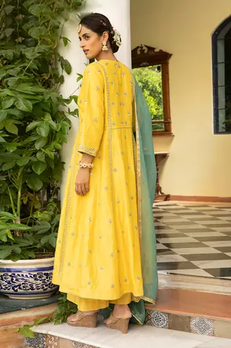 Gota Embroidered A-Line Kurta Paired With A Tissue Palazzo And A Tissue Dupatta