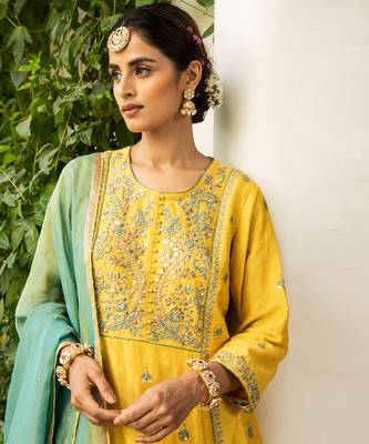 Gota Embroidered A-Line Kurta Paired With A Tissue Palazzo And A Tissue Dupatta 4