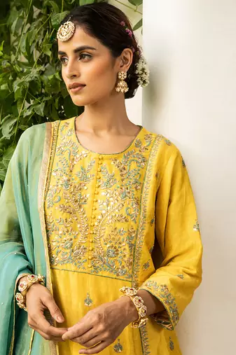Gota Embroidered A-Line Kurta Paired With A Tissue Palazzo And A Tissue Dupatta