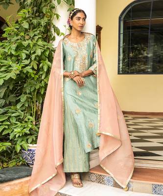 Blue Gota Embroidered Kurta Paired With A Tissue Palazzo And A Tissue Dupatta 1