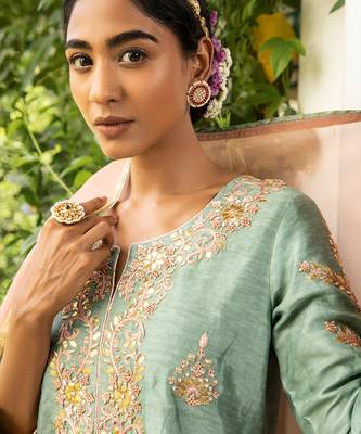 Blue Gota Embroidered Kurta Paired With A Tissue Palazzo And A Tissue Dupatta 2