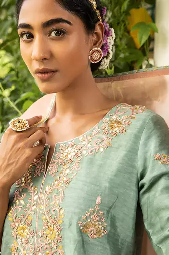 Blue Gota Embroidered Kurta Paired With A Tissue Palazzo And A Tissue Dupatta