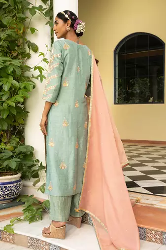 Blue Gota Embroidered Kurta Paired With A Tissue Palazzo And A Tissue Dupatta