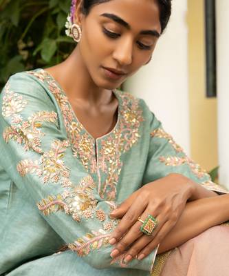 Blue Gota Embroidered Kurta Paired With A Tissue Palazzo And A Tissue Dupatta 4