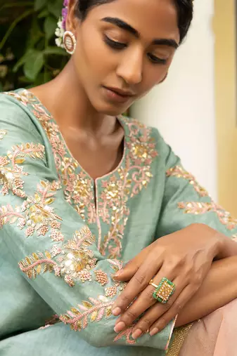 Blue Gota Embroidered Kurta Paired With A Tissue Palazzo And A Tissue Dupatta