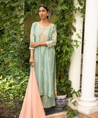 Blue Gota Embroidered Kurta Paired With A Tissue Palazzo And A Tissue Dupatta 5