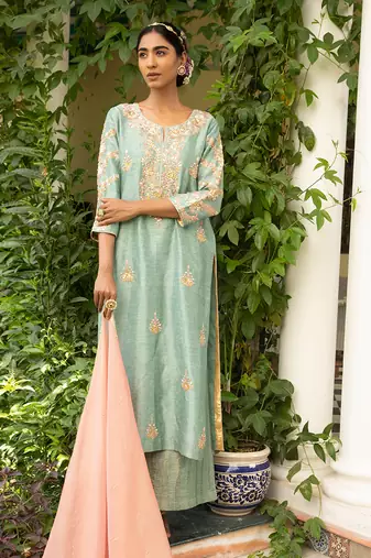 Blue Gota Embroidered Kurta Paired With A Tissue Palazzo And A Tissue Dupatta