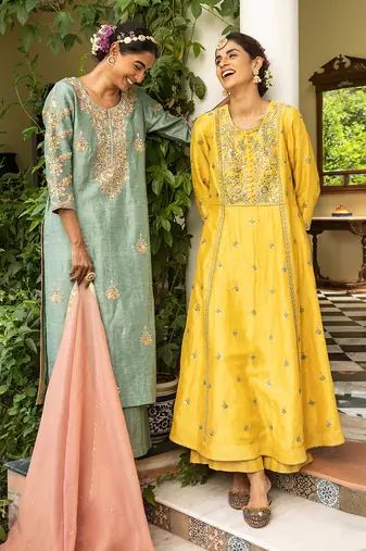 Blue Gota Embroidered Kurta Paired With A Tissue Palazzo And A Tissue Dupatta