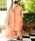 Blush Woven Zari Chanderi Kurta  With Floral Bead Work Paired With Pants And An Ombre Crushed Chanderi Dupatta