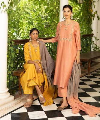 Yellow Woven Zari Chanderi Kurta  With Floral Bead Work Paired With Pants And An Ombre Crushed Chanderi Dupatta 4