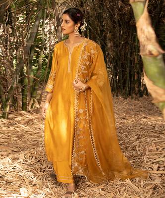 Yellow Chanderi Kurta With Dori Pearl Embroidery  Paired With A Embroidered Organza Dupatta 1