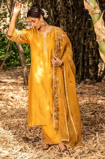 Yellow Chanderi Kurta With Dori Pearl Embroidery  Paired With A Embroidered Organza Dupatta