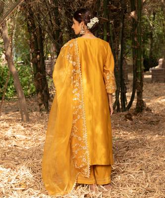 Yellow Chanderi Kurta With Dori Pearl Embroidery  Paired With A Embroidered Organza Dupatta 3
