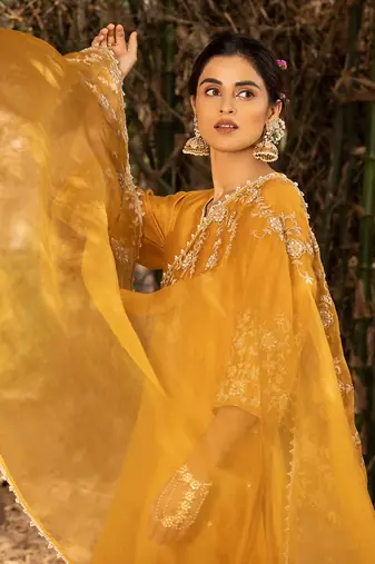 Yellow Chanderi Kurta With Dori Pearl Embroidery  Paired With A Embroidered Organza Dupatta