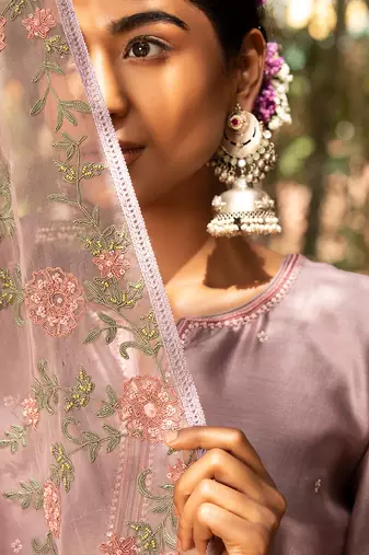 Lilac Chanderi Kurta With Multi Color Dori Pearl Embroidery  Paired With A Embroidered Organza Dupatta