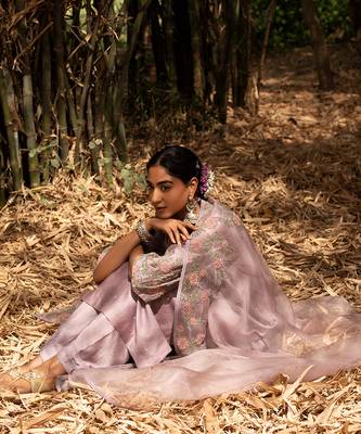 Lilac Chanderi Kurta With Multi Color Dori Pearl Embroidery  Paired With A Embroidered Organza Dupatta 4