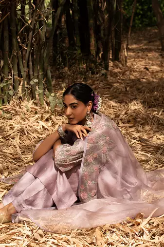 Lilac Chanderi Kurta With Multi Color Dori Pearl Embroidery  Paired With A Embroidered Organza Dupatta
