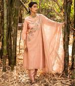 Pink Chanderi Kurta With Dori Thread Embroidery , Paired With A Checkered Chanderi Dupatta And Cotton Silk Pants