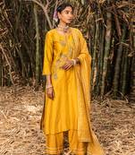 Yellow Chanderi Kurta With Dori Thread Embroidery , Paired With A Checkered Chanderi Dupatta And Cotton Silk Pants