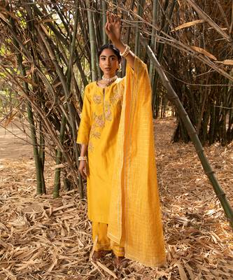 Yellow Chanderi Kurta With Dori Thread Embroidery , Paired With A Checkered Chanderi Dupatta And Cotton Silk Pants 3