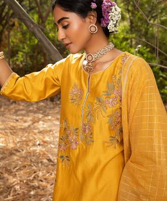 Yellow Chanderi Kurta With Dori Thread Embroidery , Paired With A Checkered Chanderi Dupatta And Cotton Silk Pants 4