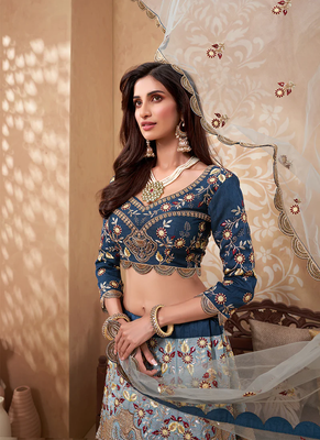 Blue Silk Thread Embroidered Lehenga Choli 2