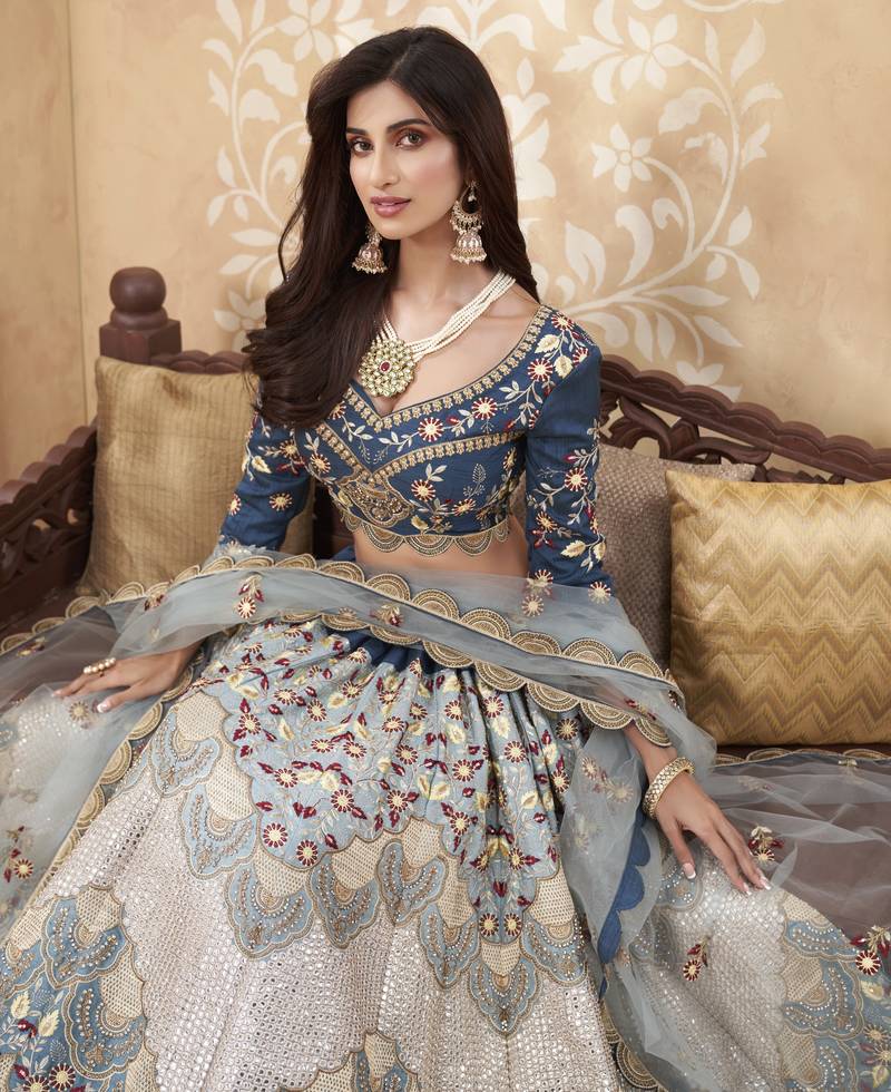 Blue Silk Thread Embroidered Lehenga Choli
