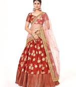 Red Banarasi silk Zari Half saree with Beige color dupatta with Unsttiched blouse