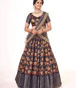 Dark Blue  Banarasi silk Zari lehenga  with  Grey color dupatta with Unstiched blouse