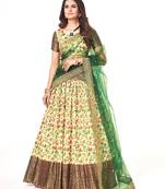 Yellow  Banarasi silk Zari Half saree with  Green color dupatta with Unsttiched blouse