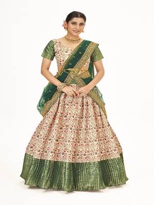 Off white  Banarasi silk Zari lehenga  with  Green color dupatta with Unsttiched blouse 1