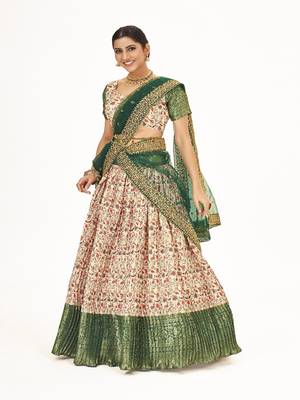 Off white  Banarasi silk Zari lehenga  with  Green color dupatta with Unsttiched blouse 4