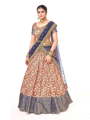 Off white  Banarasi silk Zari Half saree with  blue color dupatta with Unsttiched blouse 1