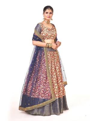 Off white  Banarasi silk Zari Half saree with  blue color dupatta with Unsttiched blouse 4
