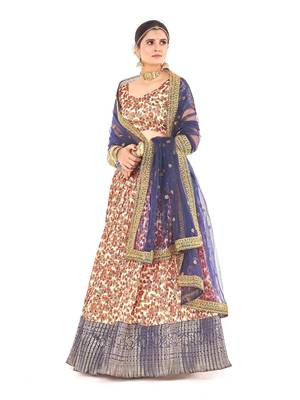 Off white  Banarasi silk Zari Half saree with  blue color dupatta with Unsttiched blouse 5