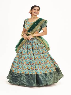Sea Green  Banarasi silk Zari Half saree with  Green color dupatta with Unsttiched blouse 1