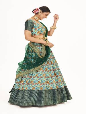 Sea Green  Banarasi silk Zari Half saree with  Green color dupatta with Unsttiched blouse 4