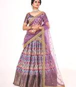Mutli color  Banarasi silk Zari Half saree with  Purple color dupatta with Unsttiched blouse