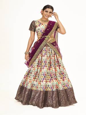 White color  Banarasi silk Zari Half saree with  Purple color dupatta with Unsttiched blouse 1