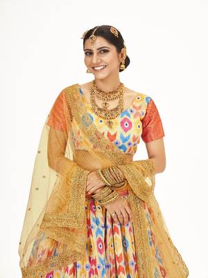 Mutli color  Banarasi silk Zari Half saree with  Yellow color dupatta with Unsttiched blouse 2