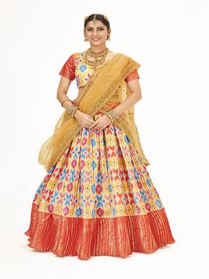 Mutli color  Banarasi silk Zari Half saree with  Yellow color dupatta with Unsttiched blouse 1